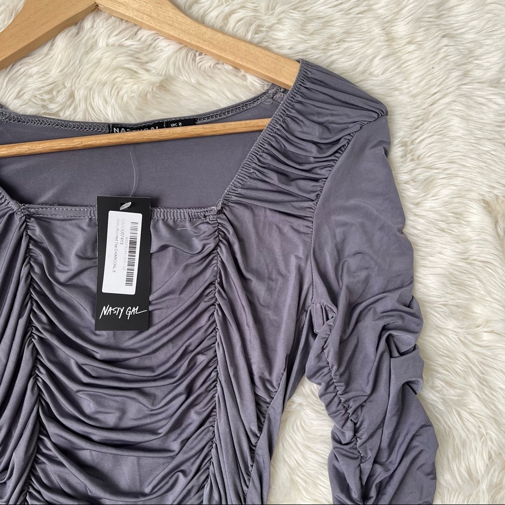 Nwot Nasty Gal Slinky Ruched Top Charcoal Gray Square Neck Size 4